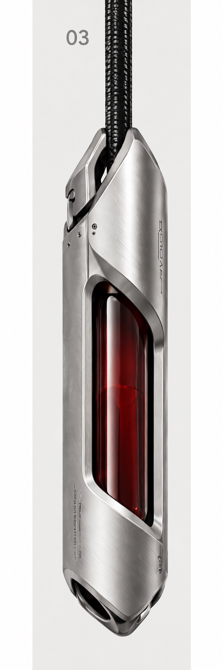 Blood Vial Pendant in brushed steel with a crimson glass core